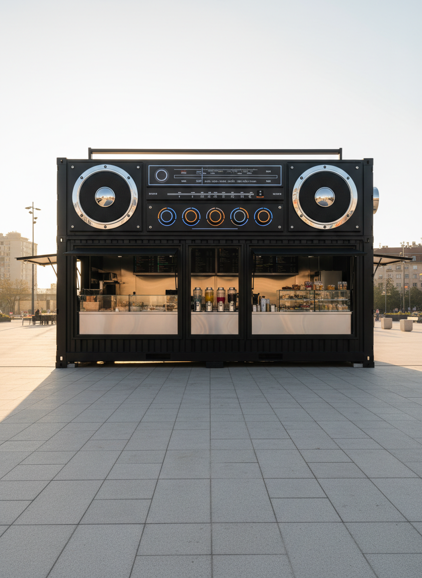 A bold, custom sales container shaped like an oversized retro Ghettoblaster, finished in matte black steel with chrome speaker grilles and illuminated control dials, stands prominently on a clean urban plaza. Large service windows are open, revealing a spotless stainless-steel counter with neatly arranged beverage dispensers and snack displays. Late afternoon golden sunlight creates sharp reflections on the metal surfaces and long, dramatic shadows on the paving stones. Photographic realism, shot at eye level with a slightly wide-angle lens, crisp focus throughout. The mood is energetic and contemporary, emphasizing innovation and street-culture flair in a real-world business setting.
