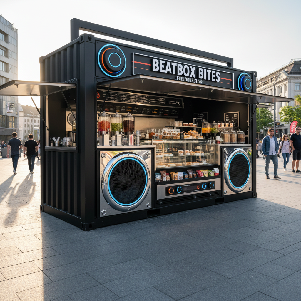 A bold, custom sales container shaped like an oversized retro Ghettoblaster, finished in matte black steel with chrome speaker grilles and illuminated control dials, stands prominently on a clean urban plaza. Large service windows are open, revealing a spotless stainless-steel counter with neatly arranged beverage dispensers and snack displays. Late afternoon golden sunlight creates sharp reflections on the metal surfaces and long, dramatic shadows on the paving stones. Photographic realism, shot at eye level with a slightly wide-angle lens, crisp focus throughout. The mood is energetic and contemporary, emphasizing innovation and street-culture flair in a real-world business setting.