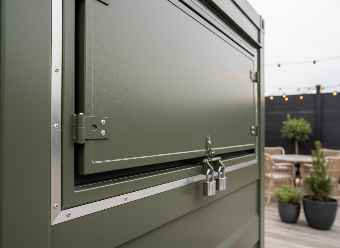 A close-up, testimonial-style product shot of a Ghettoblaster Verkaufscontainer façade, focusing on immaculate build quality: seamless welds, heavy-duty hinges, precise cut lines around the serving hatch, and robust locks. Subtle reflections reveal an out-of-focus terrace with furniture and decorations, suggesting satisfied end customers without showing any people. Overcast, diffused daylight softens highlights and reduces harsh shadows, emphasizing textures and details of the powder-coated metal and brushed aluminum trim. Photographic realism, tight framing with a slight diagonal composition for dynamism. The mood is confident and trustworthy, like a visual customer review highlighting durability and premium craftsmanship.