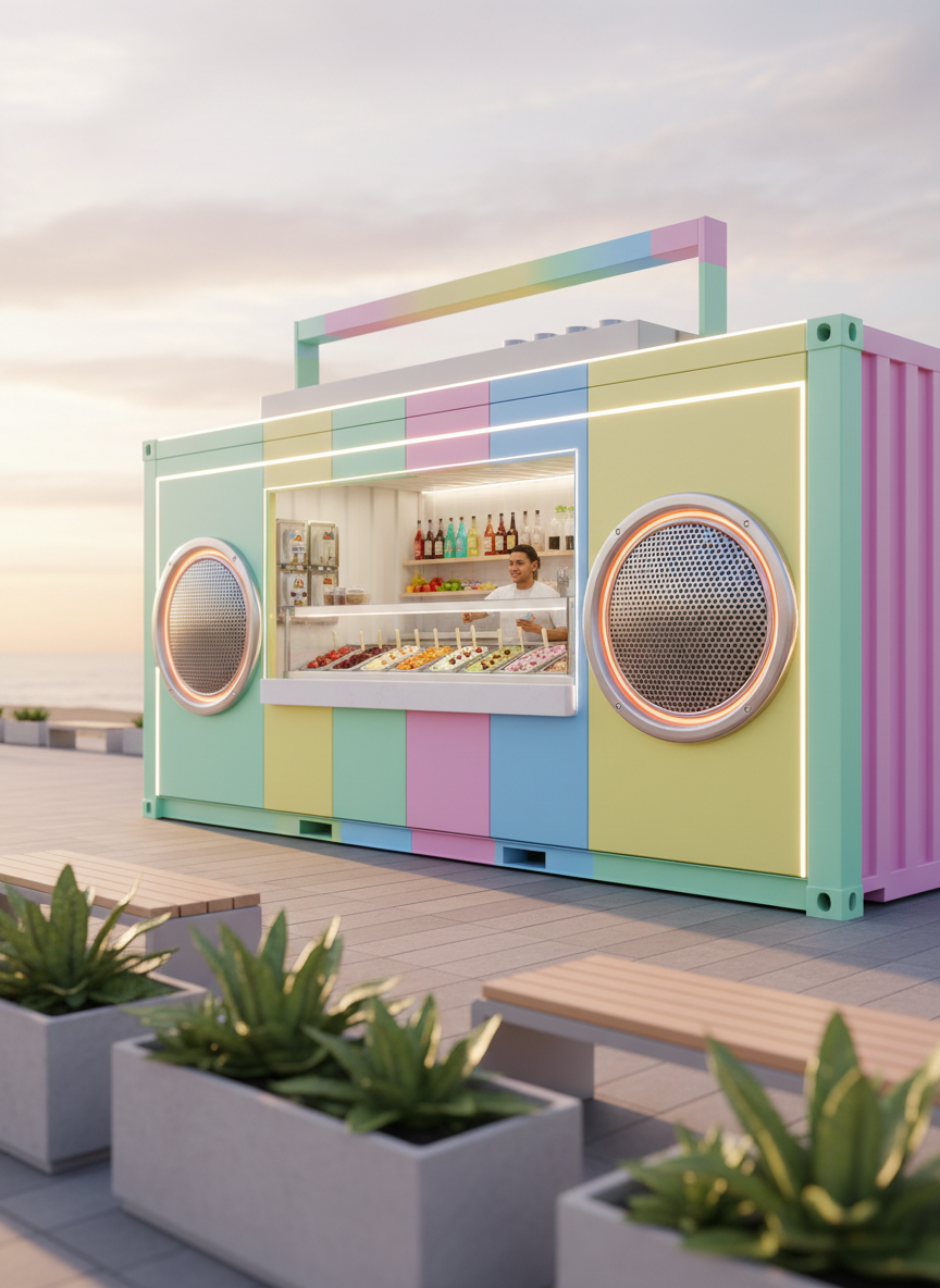 A vibrant Ghettoblaster-style Verkaufscontainer converted into an ice cream bar, with glossy pastel panels, integrated light strips, and giant circular “speaker” elements framing the serving hatch. Inside, stainless-steel ice cream containers and colorful syrup bottles are perfectly arranged on a hygienic counter. The container is positioned on a lively promenade lined with minimalist planters and modern benches. Soft sunset lighting casts a warm glow, making the colors pop while gentle shadows add depth. Photographic realism, shot from a three-quarter angle using the rule of thirds, with a shallow depth of field that slightly blurs the background to keep the bold container as the clear hero.