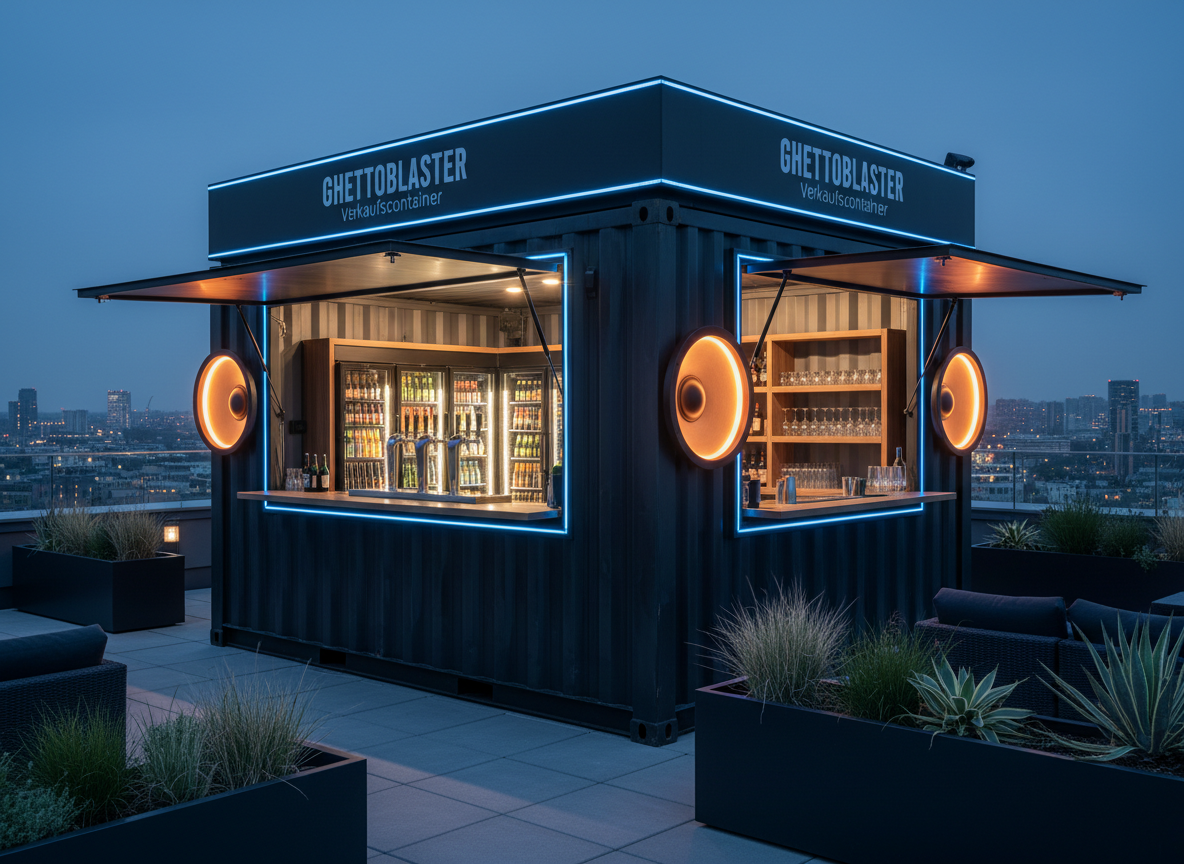 A lifestyle scene featuring a Ghettoblaster Verkaufscontainer set up as a cool beverage bar on a landscaped rooftop terrace. The container’s dark brushed metal exterior contrasts with integrated LED strips and glowing “speaker” circles, while the open hatch reveals neatly organized drink taps, glass-front fridges, and clean shelving. Surroundings include low modern planters, lounge furniture silhouettes, and a distant city skyline softly blurred. Blue-hour lighting with a mix of ambient twilight and warm interior LED glow creates reflections on the metal and glass. Photographic realism, low-angle three-quarter view with shallow depth of field, conveying a stylish, bold, and premium atmosphere.