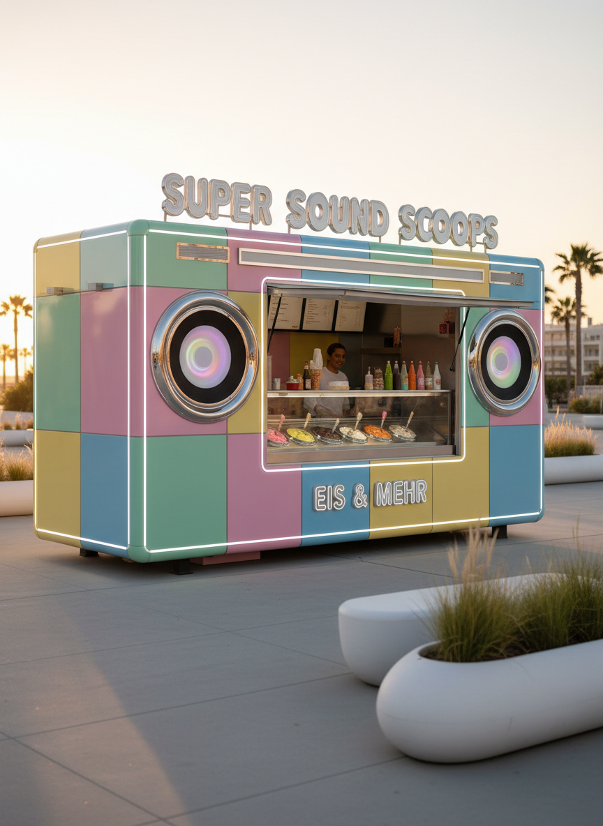 A vibrant Ghettoblaster-style Verkaufscontainer converted into an ice cream bar, with glossy pastel panels, integrated light strips, and giant circular “speaker” elements framing the serving hatch. Inside, stainless-steel ice cream containers and colorful syrup bottles are perfectly arranged on a hygienic counter. The container is positioned on a lively promenade lined with minimalist planters and modern benches. Soft sunset lighting casts a warm glow, making the colors pop while gentle shadows add depth. Photographic realism, shot from a three-quarter angle using the rule of thirds, with a shallow depth of field that slightly blurs the background to keep the bold container as the clear hero.