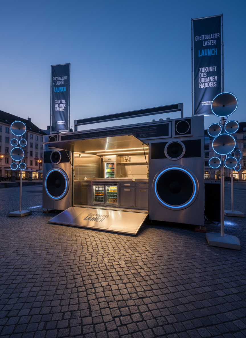 A press-style, media coverage image of a newly installed Ghettoblaster Verkaufscontainer on a city square, presented like a product launch. The container is centered, doors open to showcase the clean interior layout with stainless counters, built-in fridges, and concealed storage. Around it, non-human elements like banners, spotlights, and abstract microphone stands imply attention and coverage without any people. Early evening lighting with strong spotlights creates dramatic highlights and crisp reflections on the container’s surfaces, contrasting with the darker surroundings. Photographic realism, slightly low-angle composition to make the container appear iconic and newsworthy, with a bold, high-impact atmosphere.