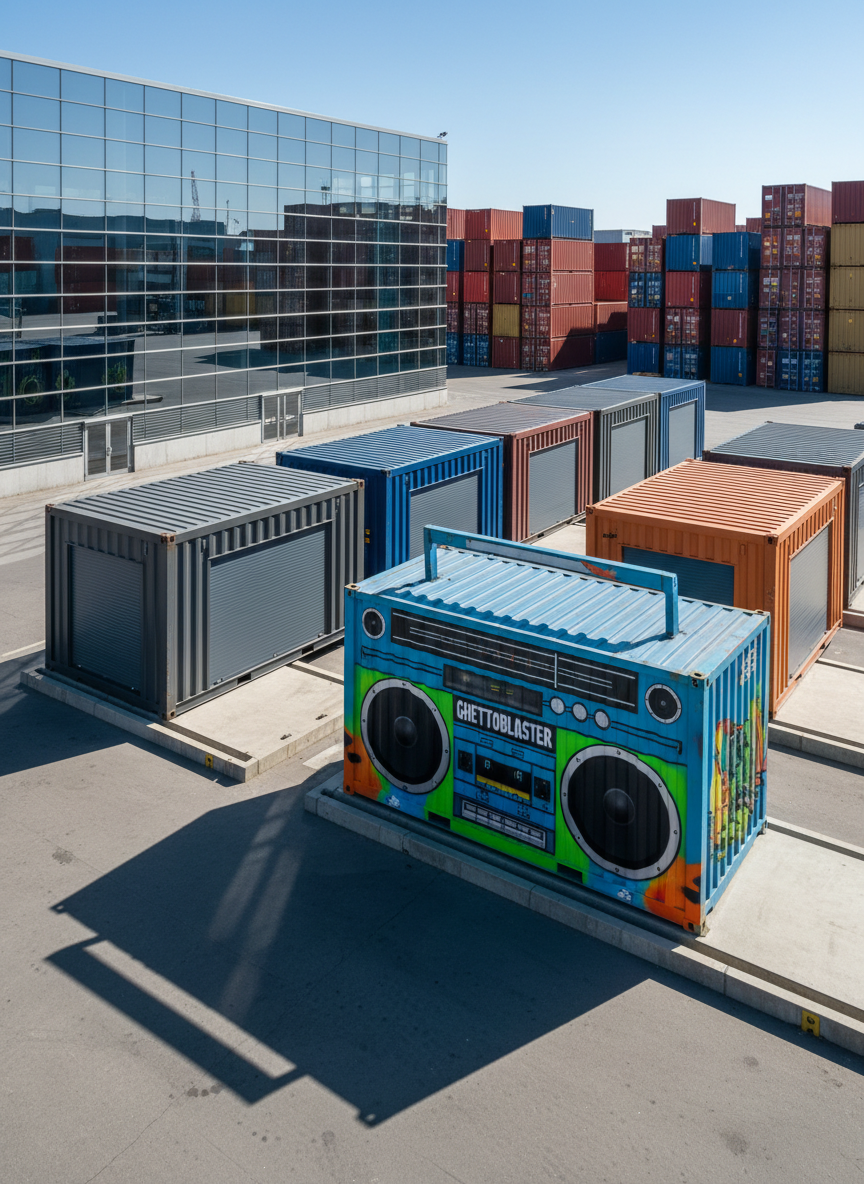 A lineup of several specialized Verkaufscontainer units on a clean logistics yard, including one distinctive Ghettoblaster container among more classic rectangular units with large side openings. The containers rest on perfectly aligned concrete bays, with a high-tech warehouse façade and stacked shipping containers in the distance hinting at import and logistics operations. Bright midday daylight with clear blue sky creates crisp, neutral lighting and sharp shadows, highlighting the containers’ color variations and robust metal textures. Photographic realism, shot from a slightly elevated angle to show the arrangement and scale, with sharp focus throughout. The mood is professional and efficient while still bold and industrial.